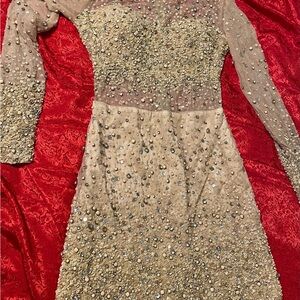 bebe Gold and Cream Beaded Long Sleeve Dress